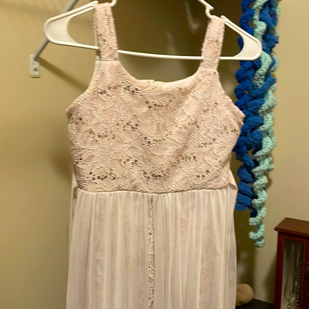 Cream flowy dress with gold sequins. Worn for a bathroom dance showcase